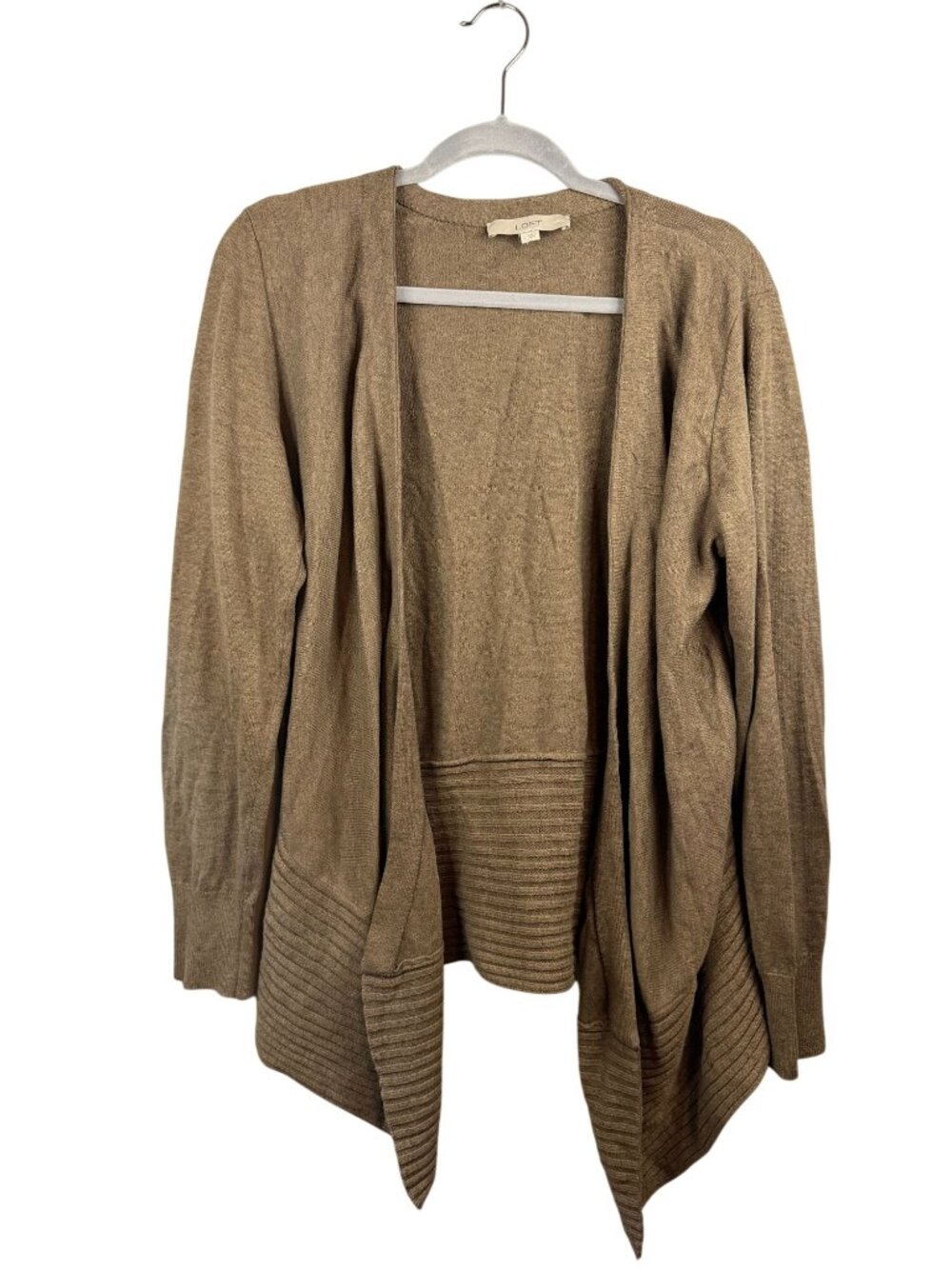 Loft Womens Open Front Cardigan Sweater Ribbed Hem Lightweight Brown Size L